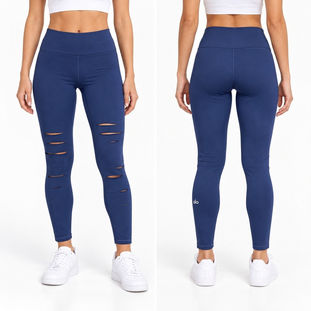 Alo Yoga Ripped Warrior Leggings Womens Small Navy Blue High Rise Distressed